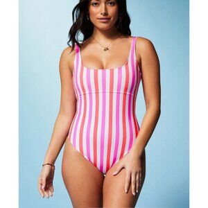New Fabletics Sunset Scoop One-Piece Swimsuit Neon Candy Stripe Pink Size L
